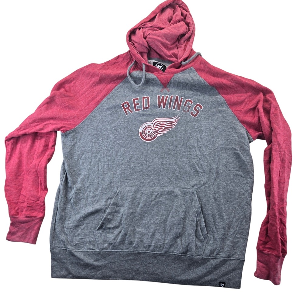 '47 Brand Hoodie Mens XXL Grey Detroit Red Wings NHL Raglan Pullover Sweatshirt